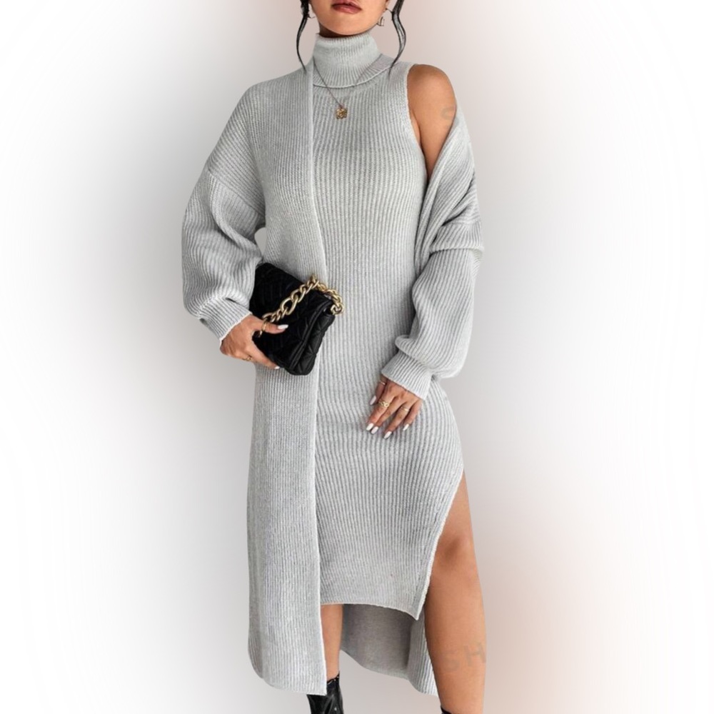 Turtleneck Drop Shoulder Cardigan & Split Thigh Sweater Dress